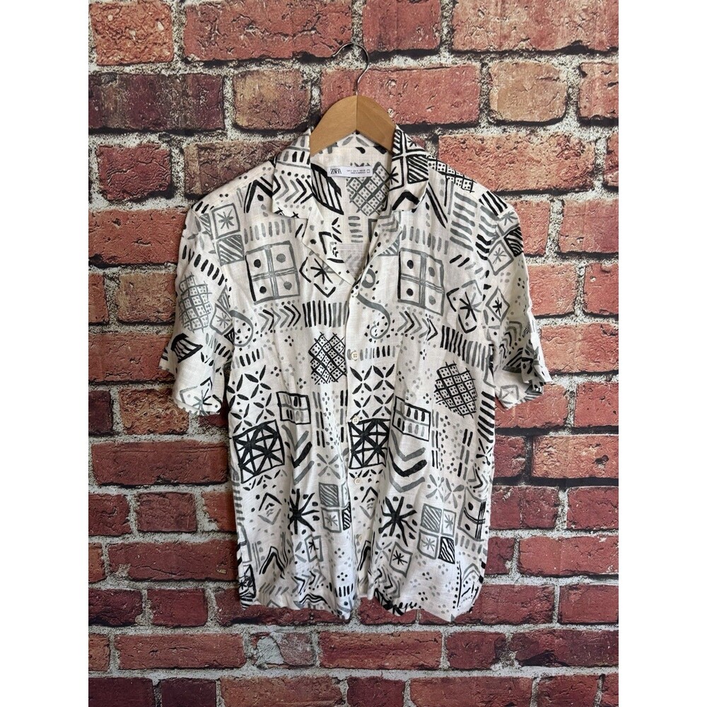 Zara Mens White Short Sleeve Linen Geometric Pattern Button Up Size Small
